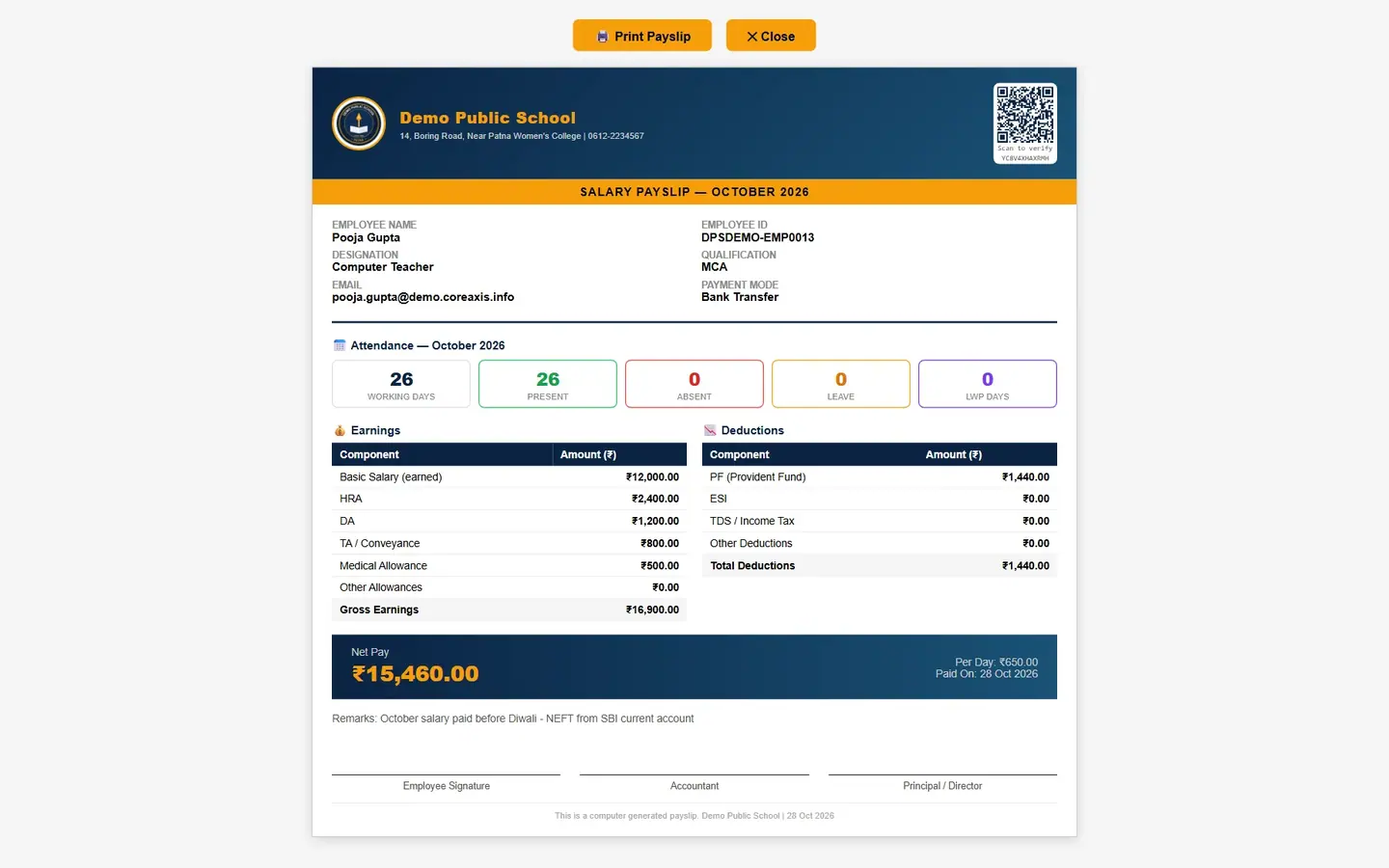 Payslip of Pooja Gupta for October 2026.