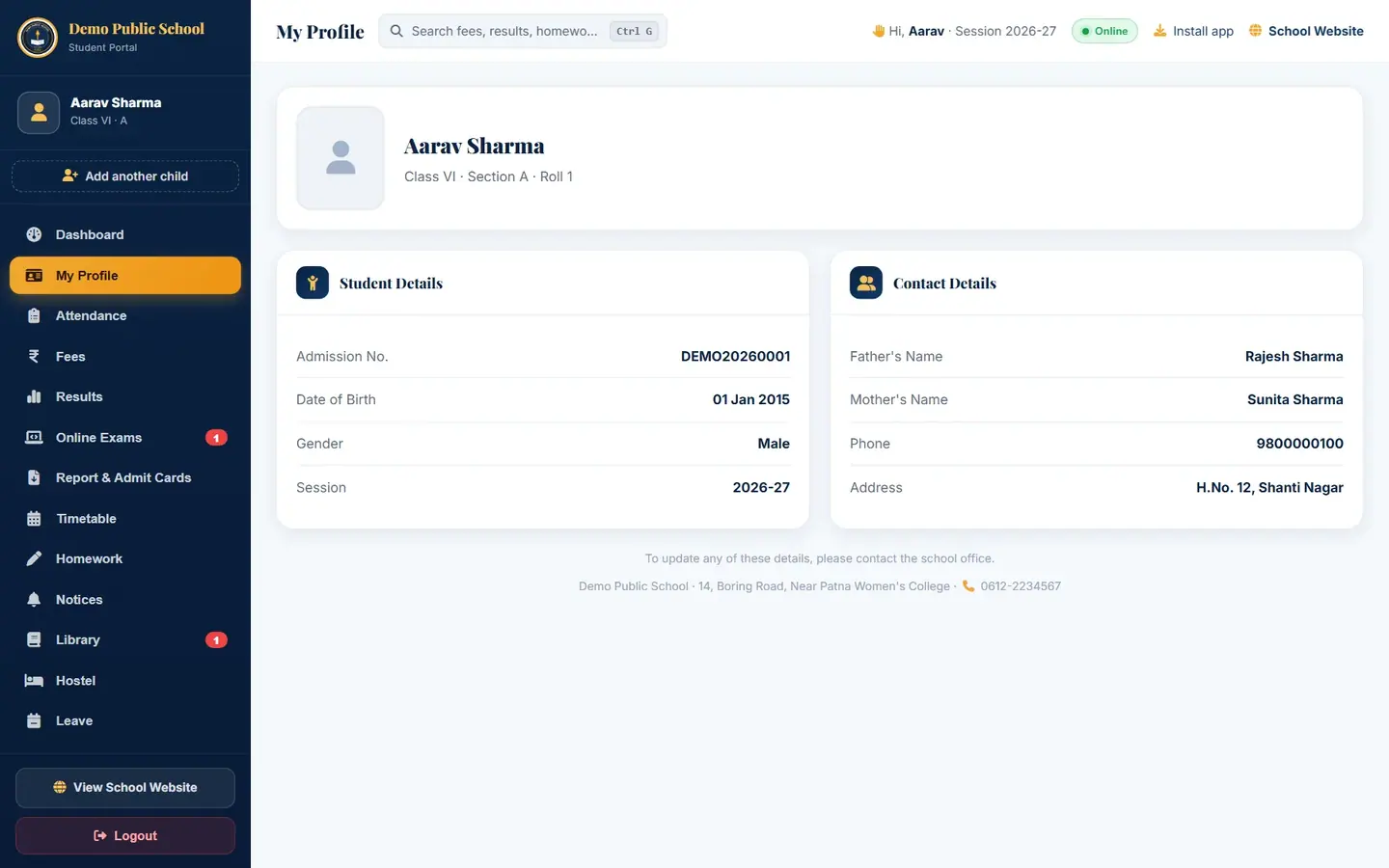 Profile details can be changed only by the school office.