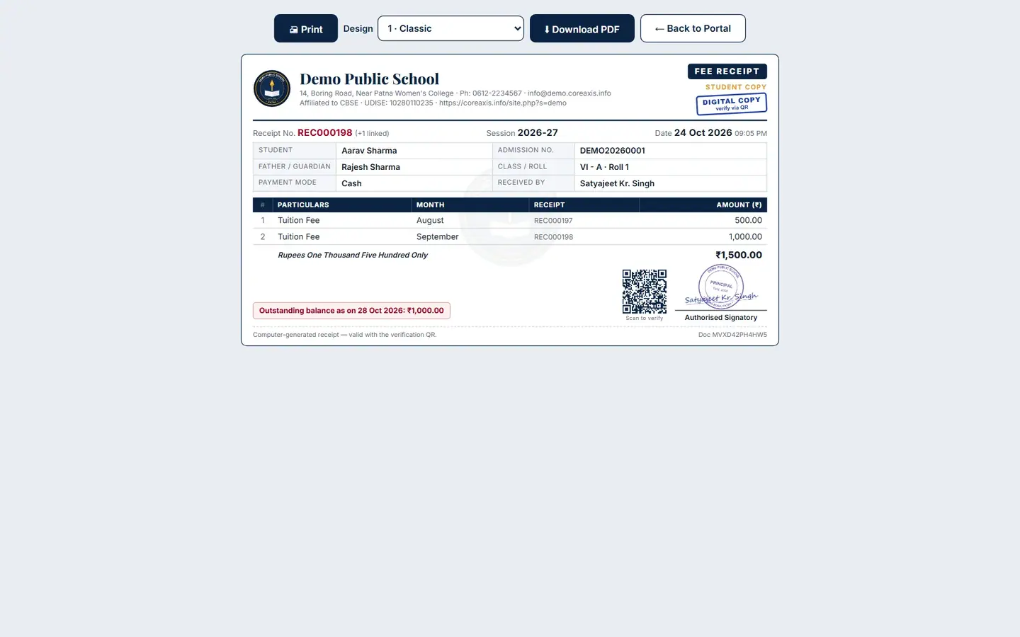 Receipt REC000198 (linked with REC000197): ₹1,500, marked DIGITAL COPY with a verification QR.