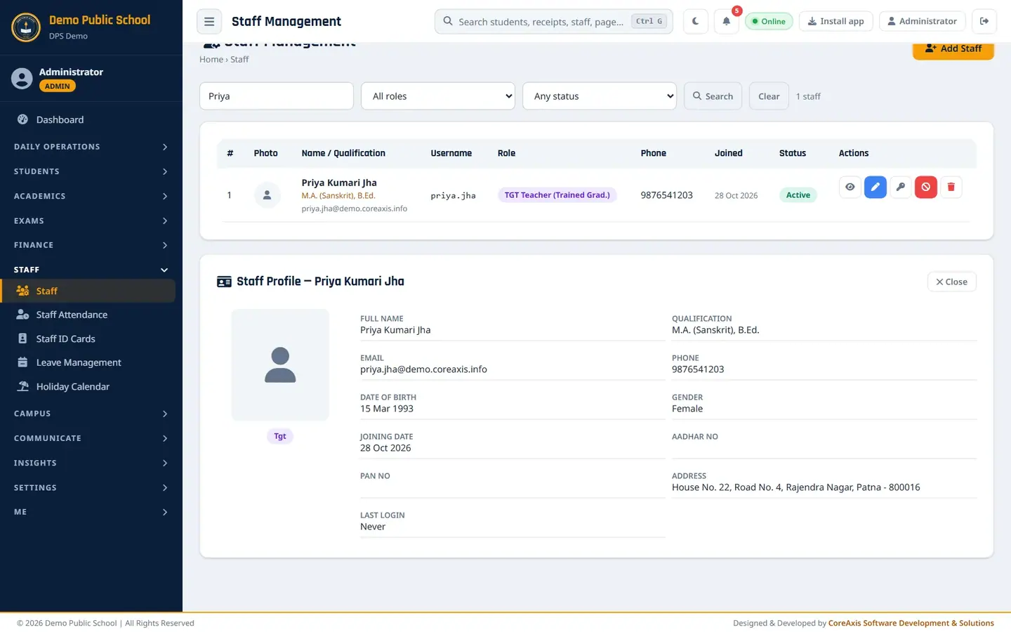 Staff Profile shows photo, signature, role and all personal details, including Last Login.
