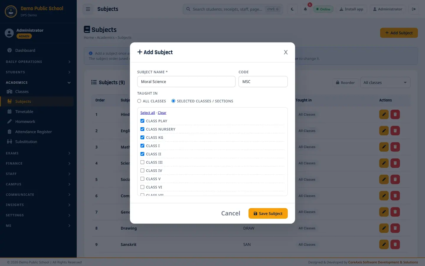 The Add Subject form with five classes ticked.