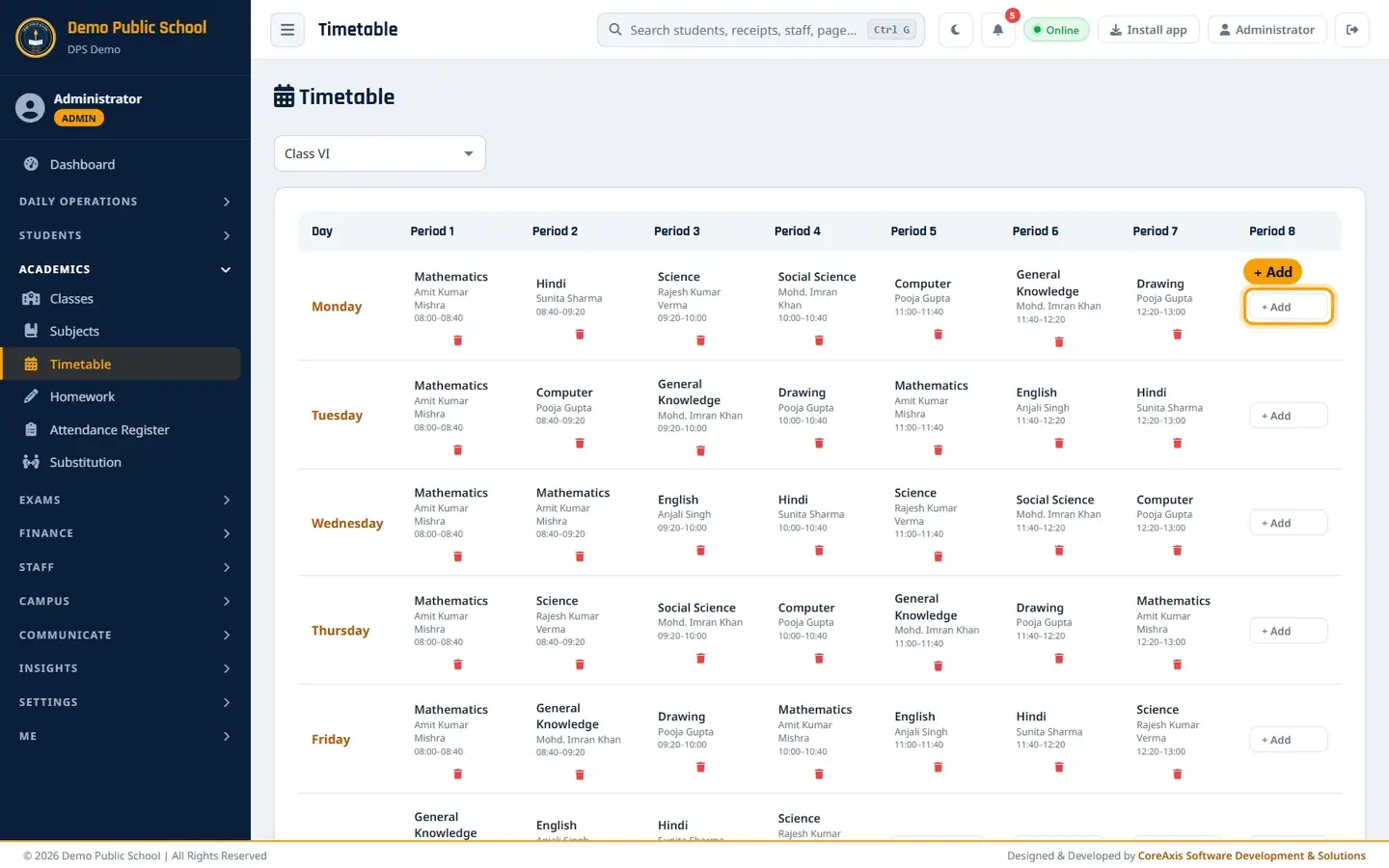 Timetable — Demo Public School